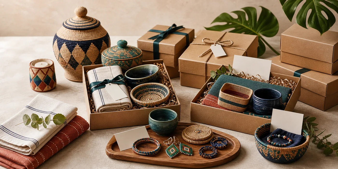 Handmade corporate gift sets with woven baskets, textiles, ceramics, boxes, and blank cards