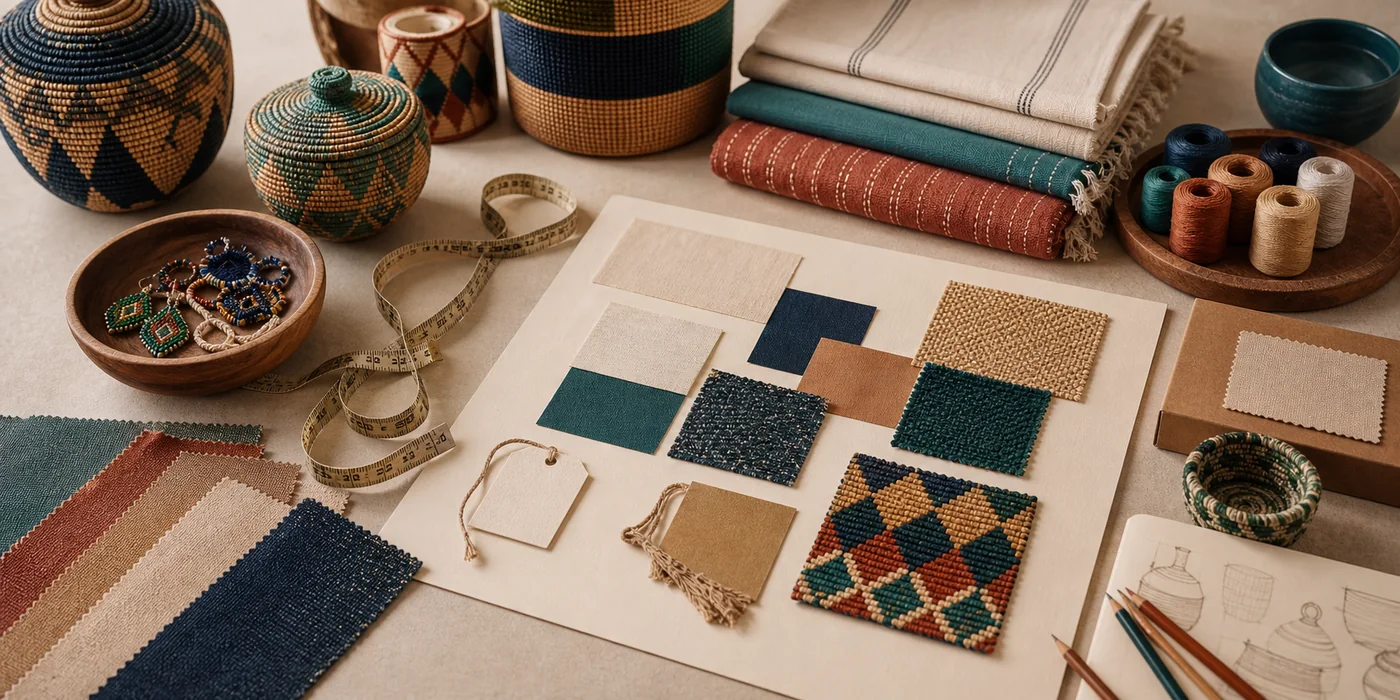 Sourcing desk with material swatches, woven samples, tags, threads, and textile planning tools