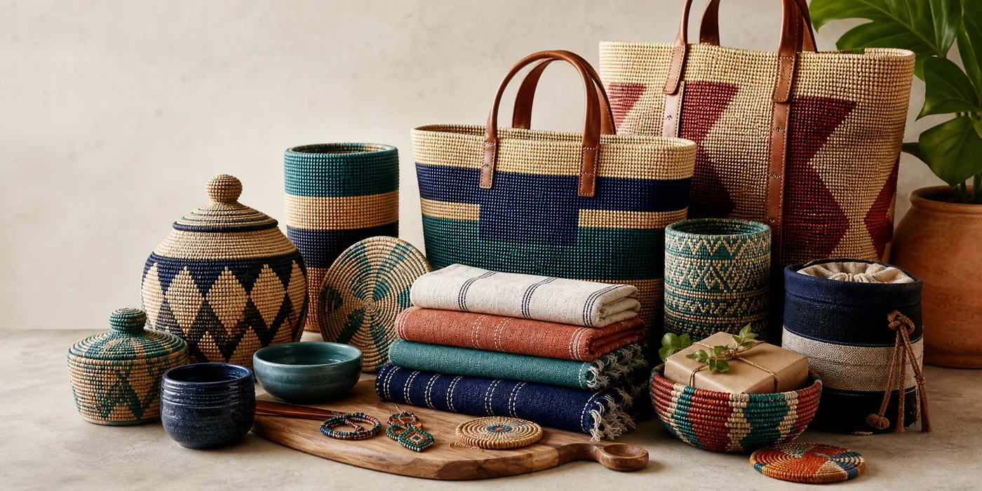 Curated wholesale assortment of woven baskets, textiles, totes, and beadwork